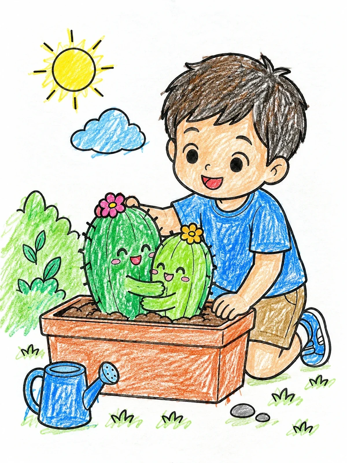 Colored example of the Boy Caring For Hugging Cacti coloring page