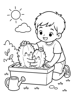 A smiling boy tending to two hugging potted plants in this cactus coloring page.