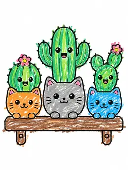 Cactus Draw Color Cute Cacti In Cat Planters – Cactus Coloring Page