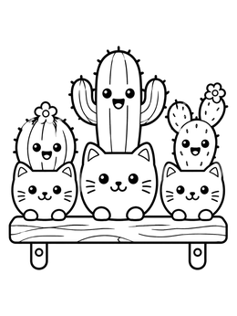 Smiling succulents rest in cute pots on this cactus coloring page.
