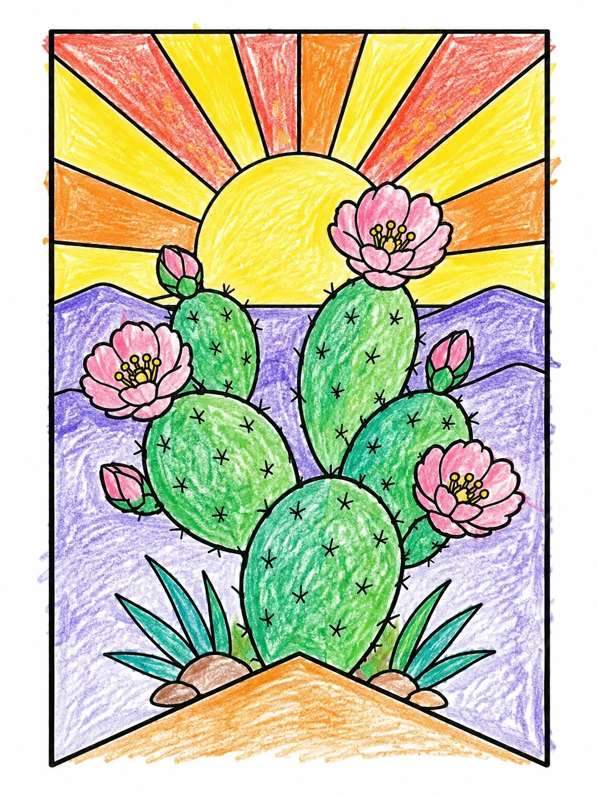 Colored example of the Prickly Pear Cactus Papel Picado Banner coloring page