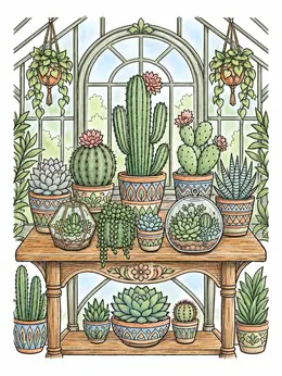 Cactus Draw Color Greenhouse Cactus And Succulent Collection Coloring Page
