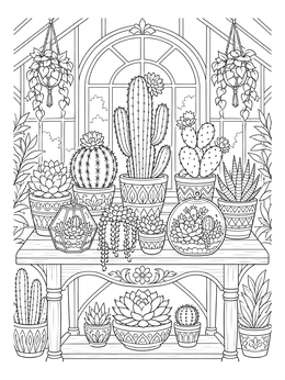 A greenhouse table filled with plants on this cactus coloring page.