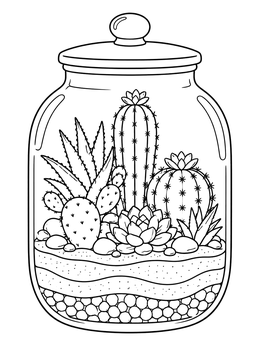 A desert terrarium mason jar coloring page filled with cacti, succulents, and layered sand.