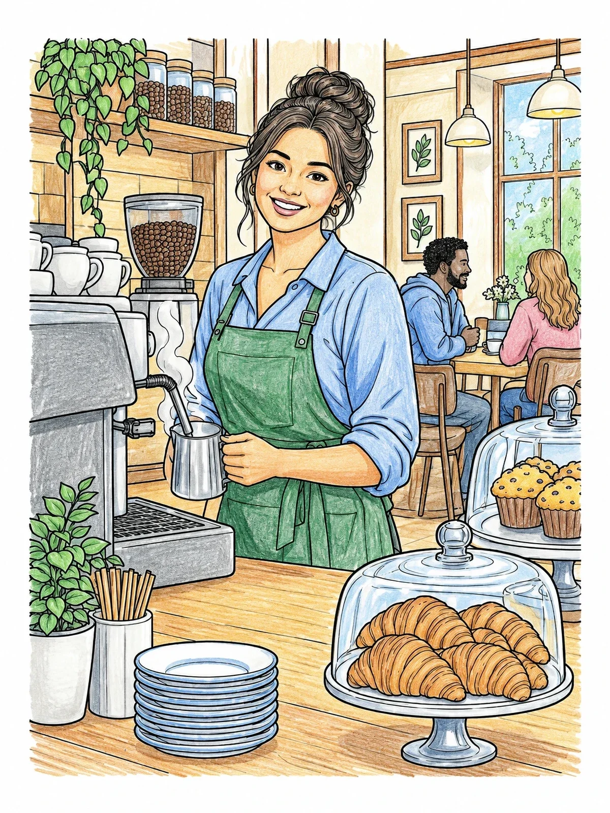 Colored example of the Barista At The Espresso Counter coloring page