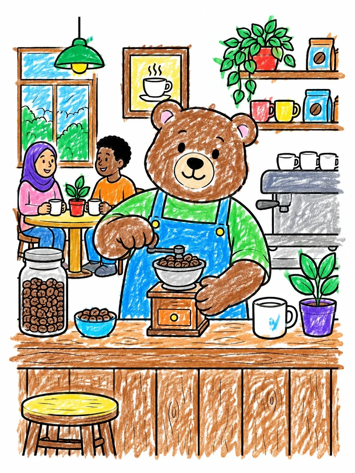 Colored example of the Bear Barista Grinding Coffee Beans coloring page