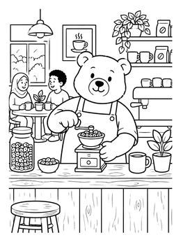 Free printable Bear Barista Grinding Coffee Beans coloring page