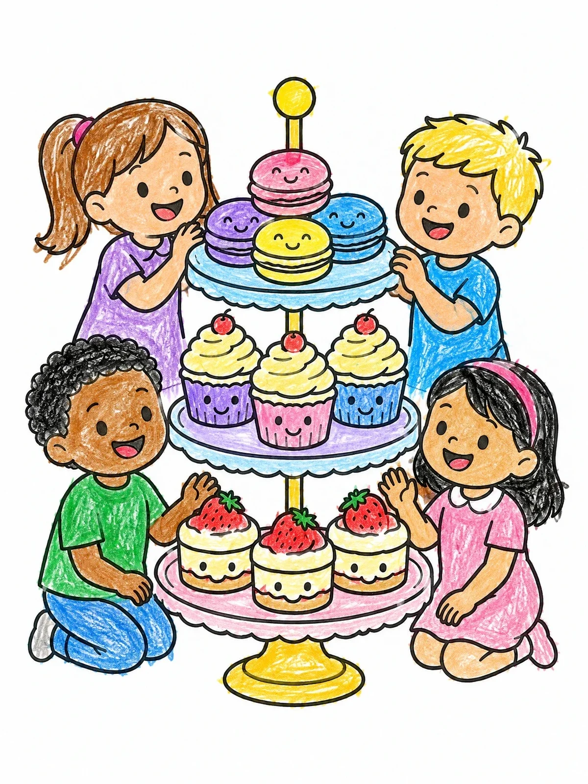 Colored example of the Happy Children Around Pastry Stand coloring page