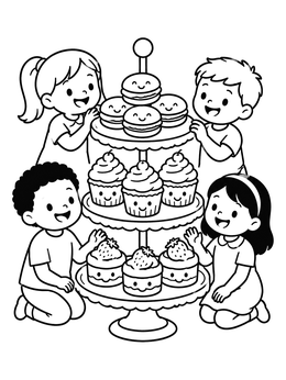 Free printable Happy Children Around Pastry Stand coloring page