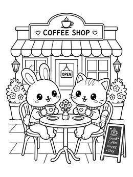 Free printable Cute Bunny And Cat At Coffee Shop coloring page