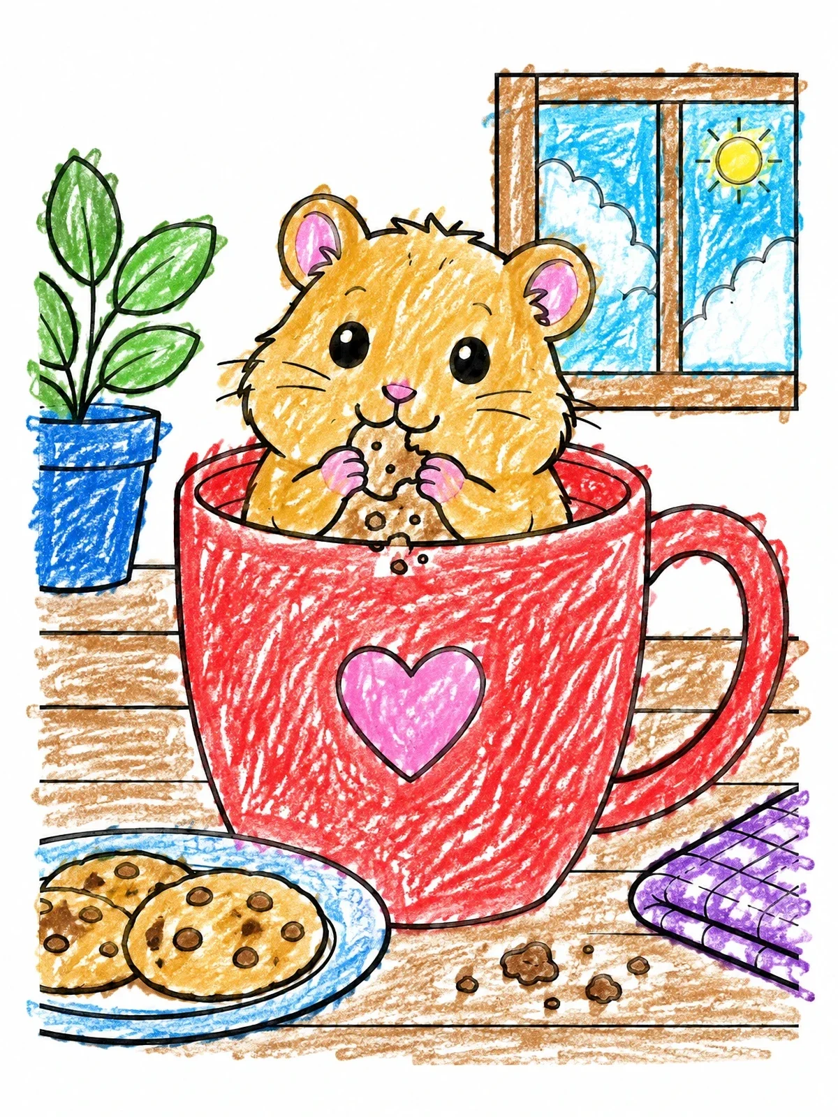 Colored example of the Cute Hamster In Coffee Mug coloring page