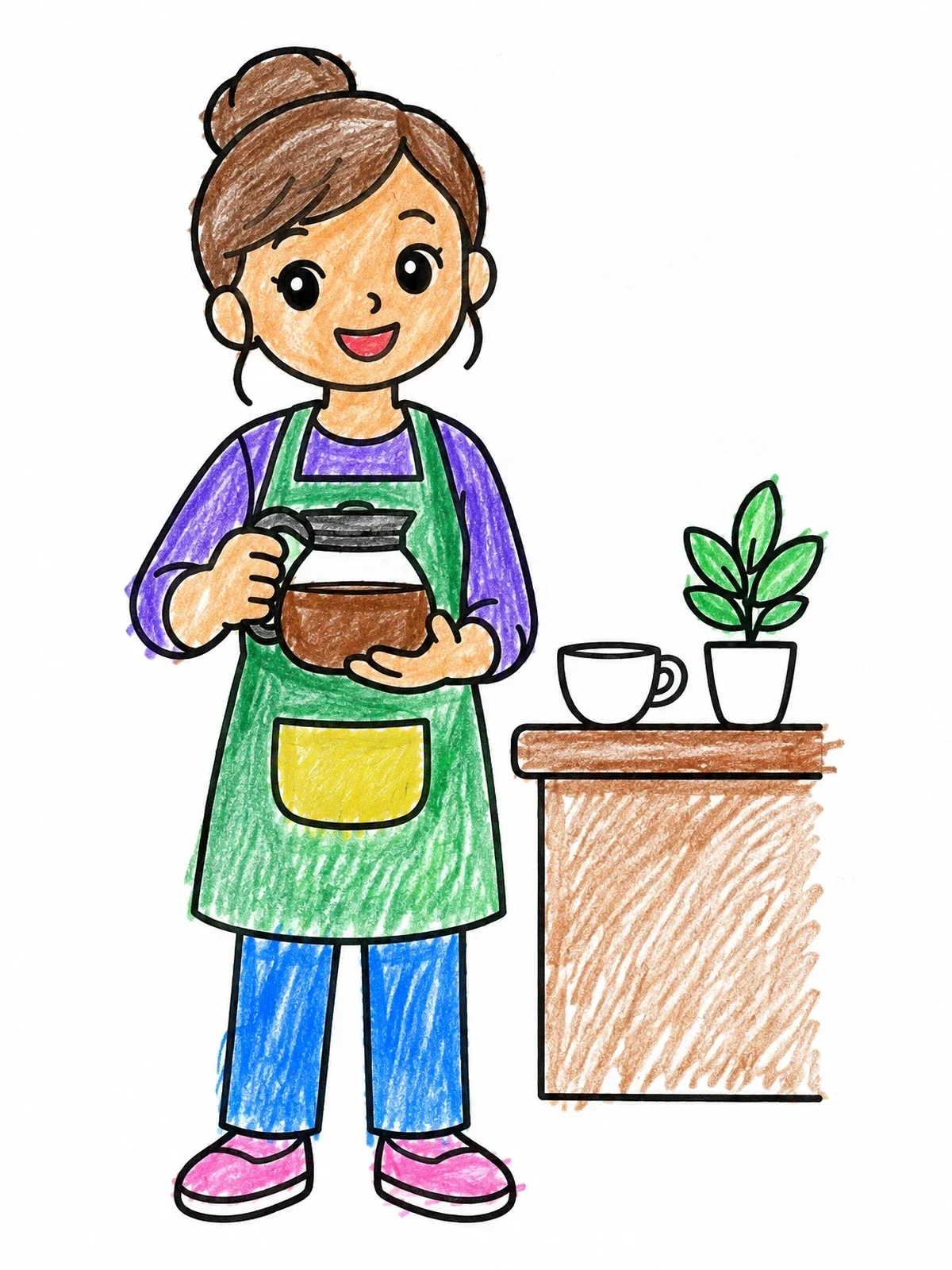 Colored example of the Friendly Barista Holding Coffee Pot coloring page