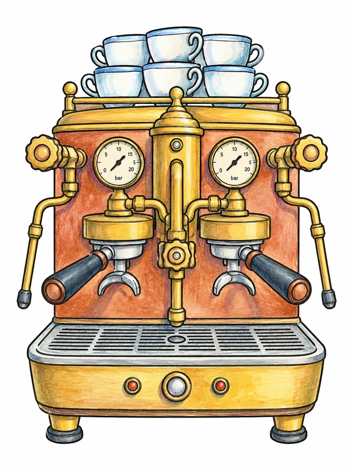 Colored example of the Vintage Espresso Machine With Cups coloring page