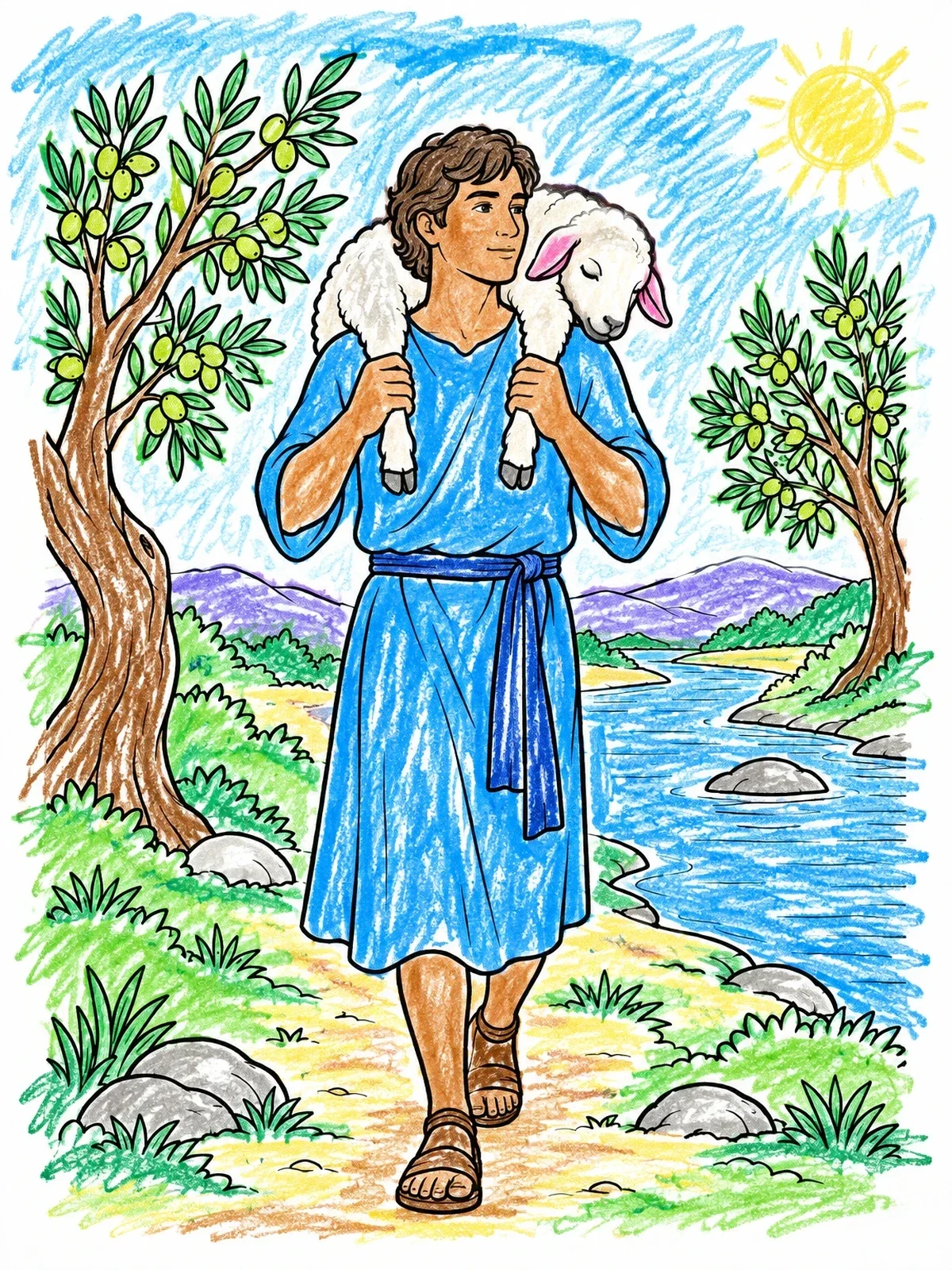 Colored example of the Abel Carrying A Gentle Lamb coloring page
