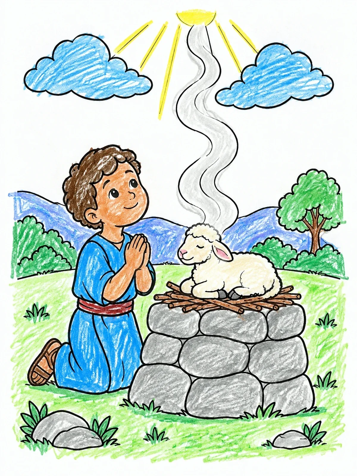 Colored example of the Abel Praying By Stone Altar coloring page
