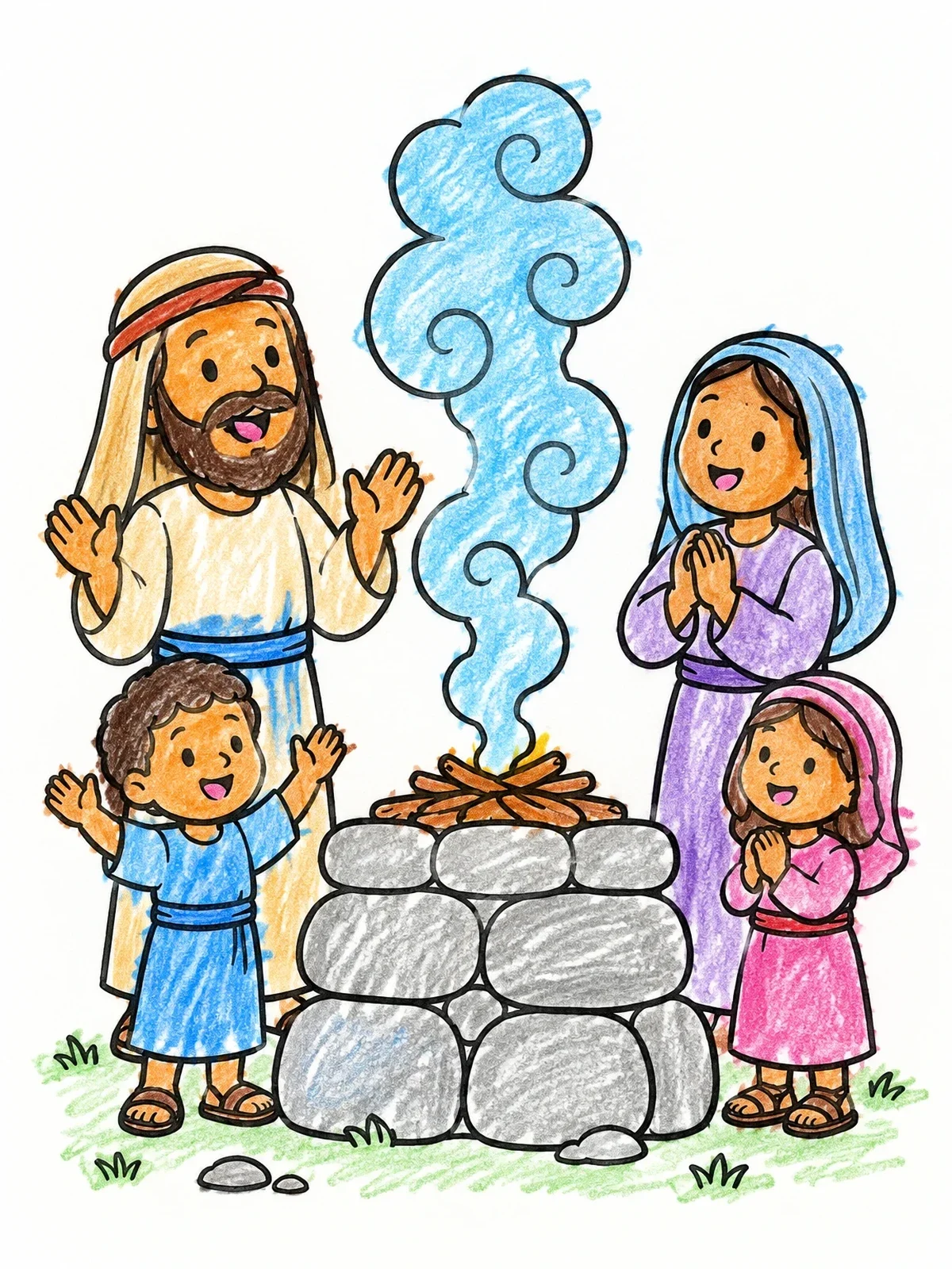 Colored example of the Biblical Family Around The Stone Altar coloring page