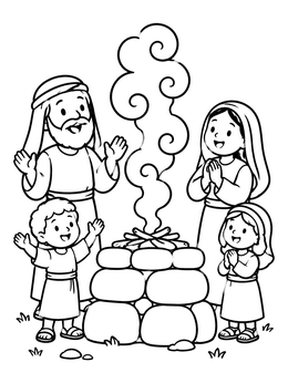 Free printable Biblical Family Around The Stone Altar coloring page