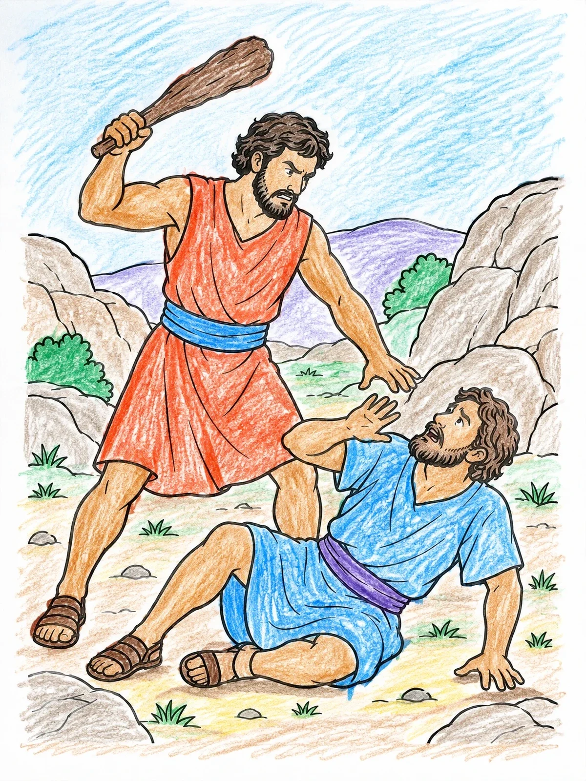 Colored example of the Cain And Abel In The Rocky Valley coloring page