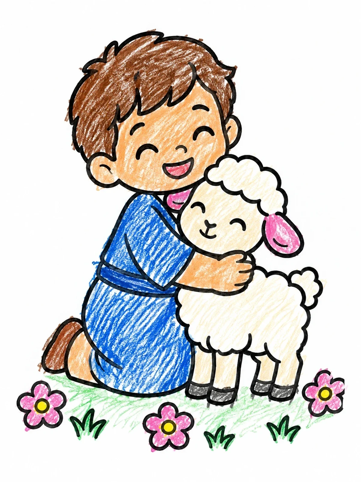 Colored example of the Young Abel Hugging A Lamb coloring page