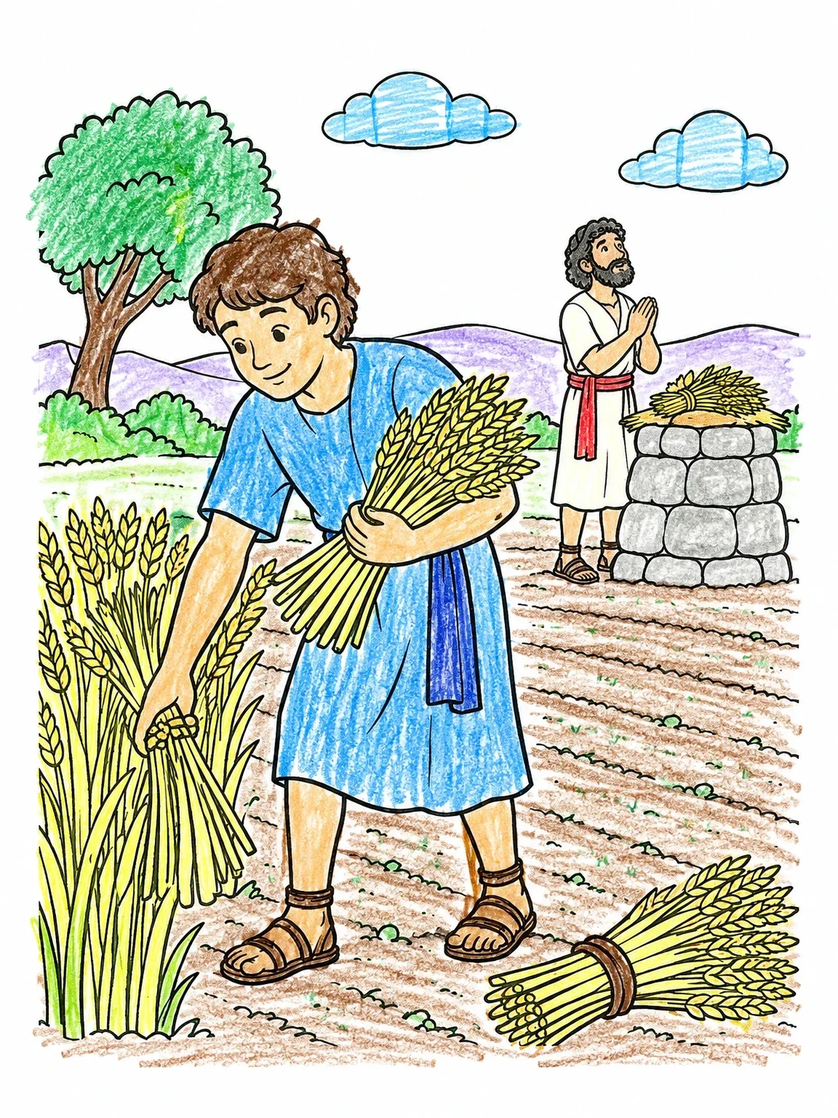 Colored example of the Cain Gathering Grain In The Field coloring page