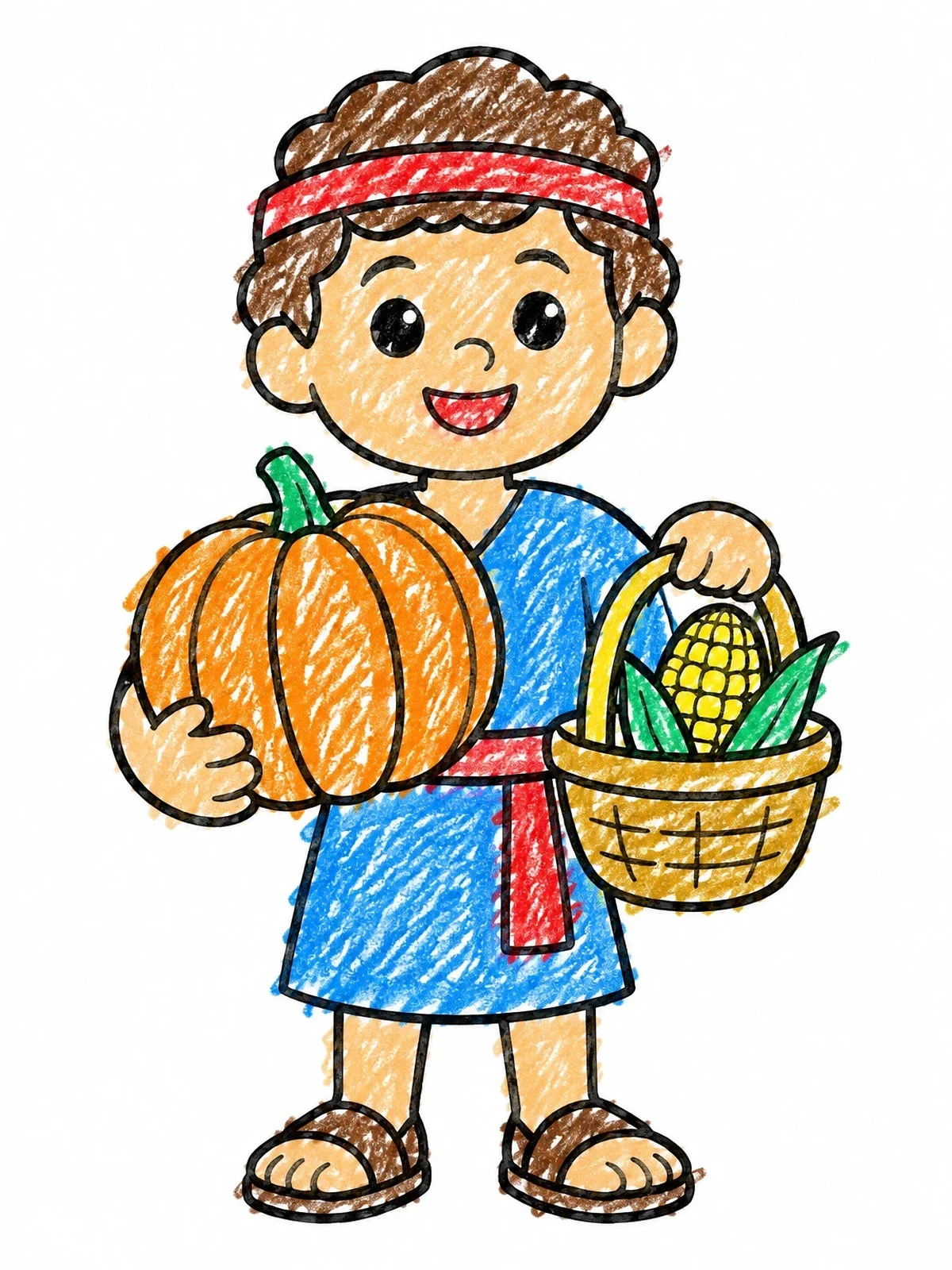 Colored example of the Cain With Pumpkin And Corn Basket coloring page