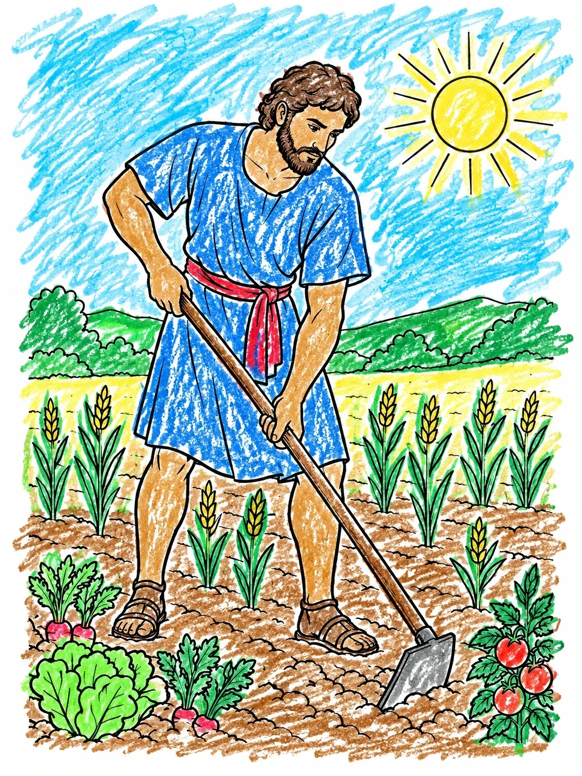 Colored example of the Cain Tending Crops In The Field coloring page