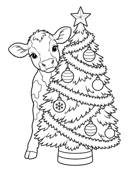 A cute christmas cow coloring page featuring a calf behind an ornamented tree.
