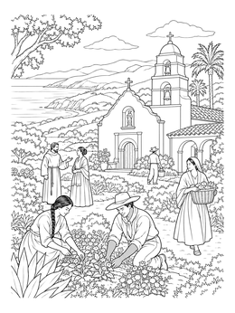 Historic church garden by the sea in this detailed california mission coloring page.