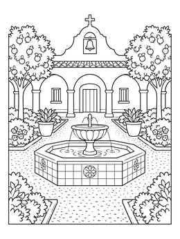 A peaceful California mission coloring page showing a courtyard fountain and arched colonnade.