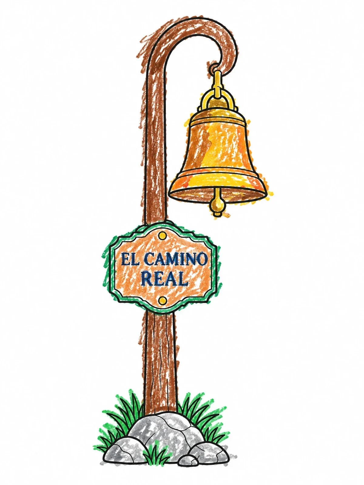 Colored example of the El Camino Real Mission Bell Marker coloring page