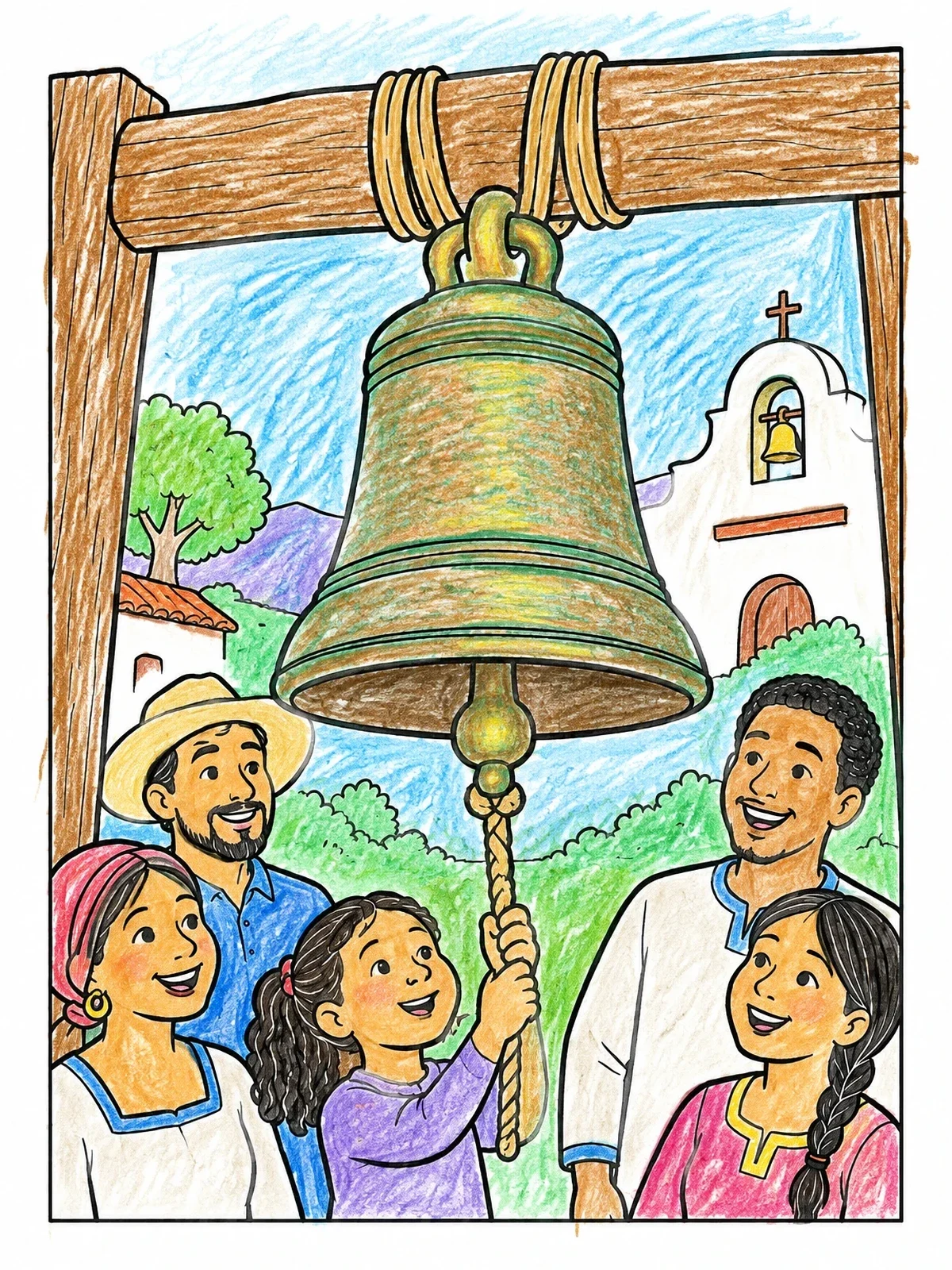 Colored example of the Family Ringing The Mission Bell coloring page