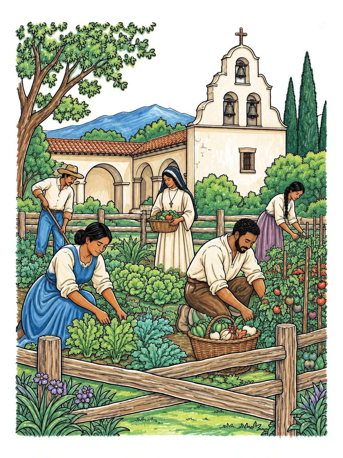 Colored example of the California Mission Garden Harvest coloring page