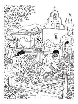 People tending a vegetable garden in this California mission coloring page with a church bell wall in the background.