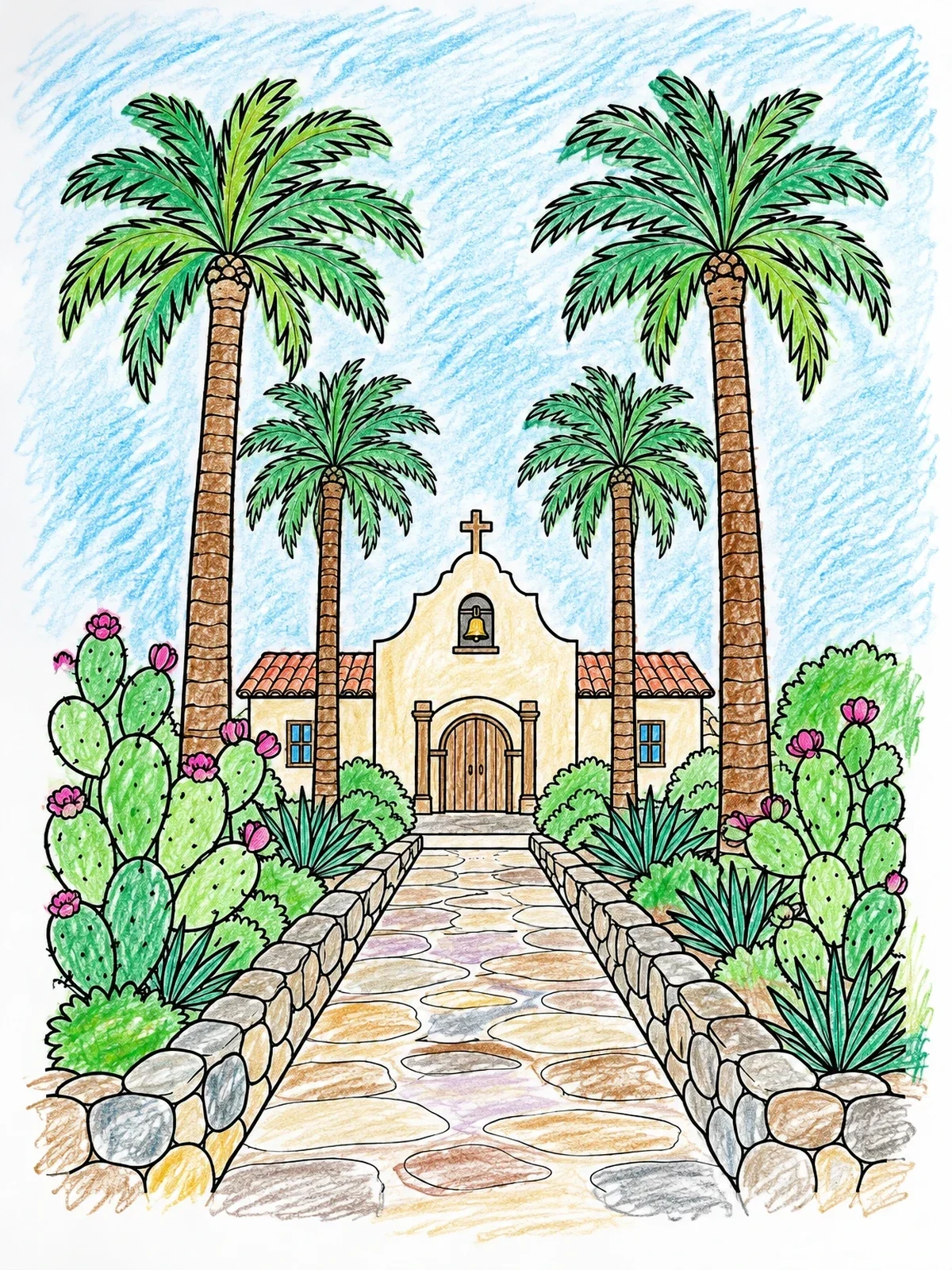 Colored example of the California Mission Garden Pathway coloring page