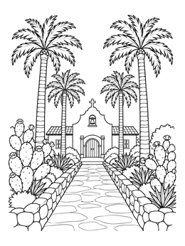 A peaceful garden walkway in this california mission coloring page with palm trees and cacti.