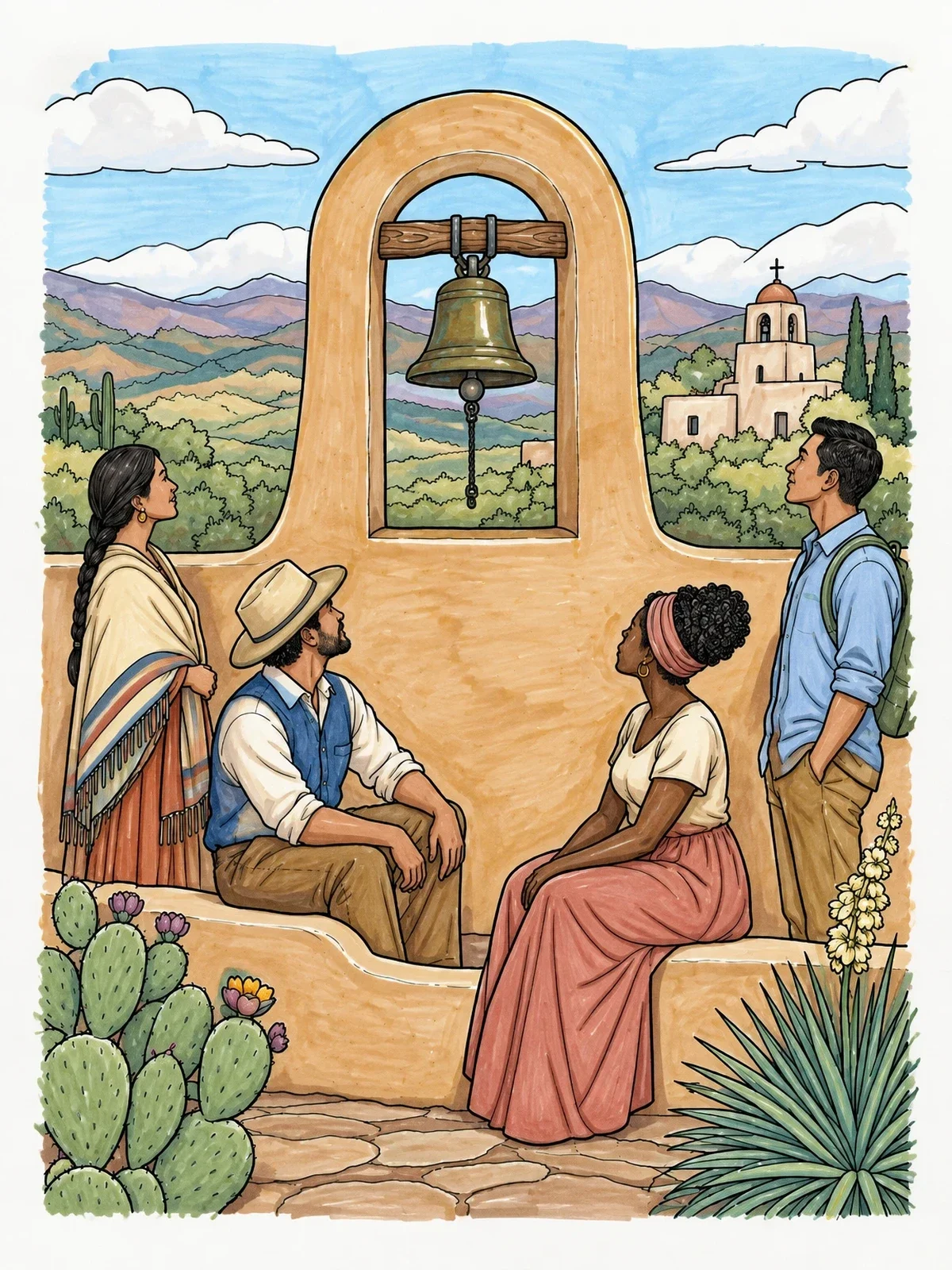 Colored example of the Historic Mission Bell And Visitors coloring page