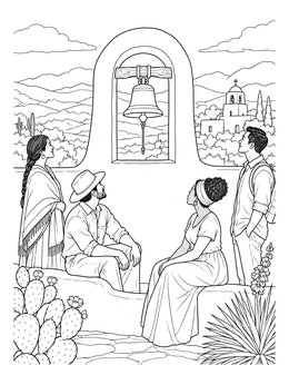 A group gathers near an arched window on this california mission coloring page with a scenic bell view.