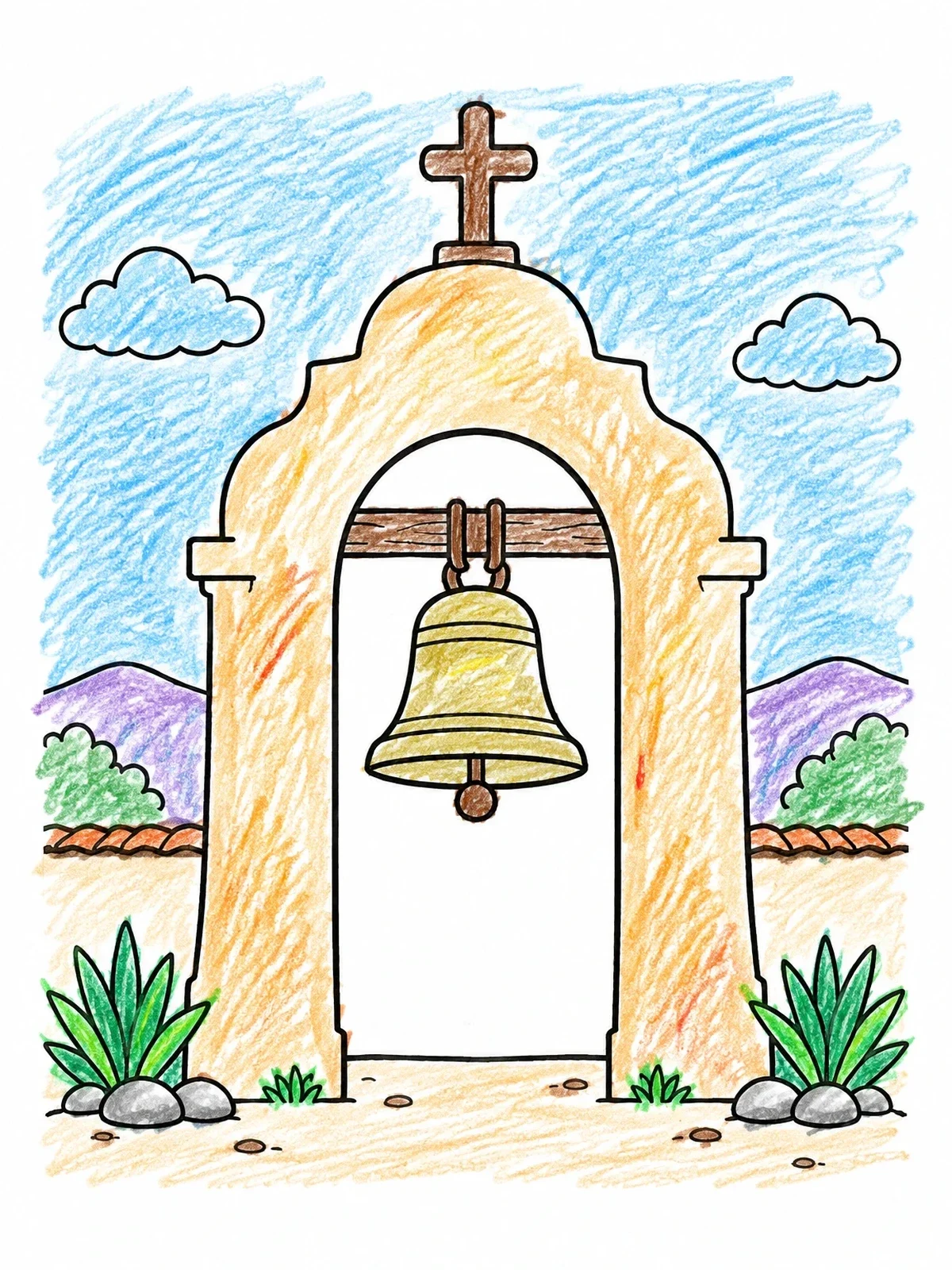 Colored example of the Historic Mission Bell In Archway coloring page