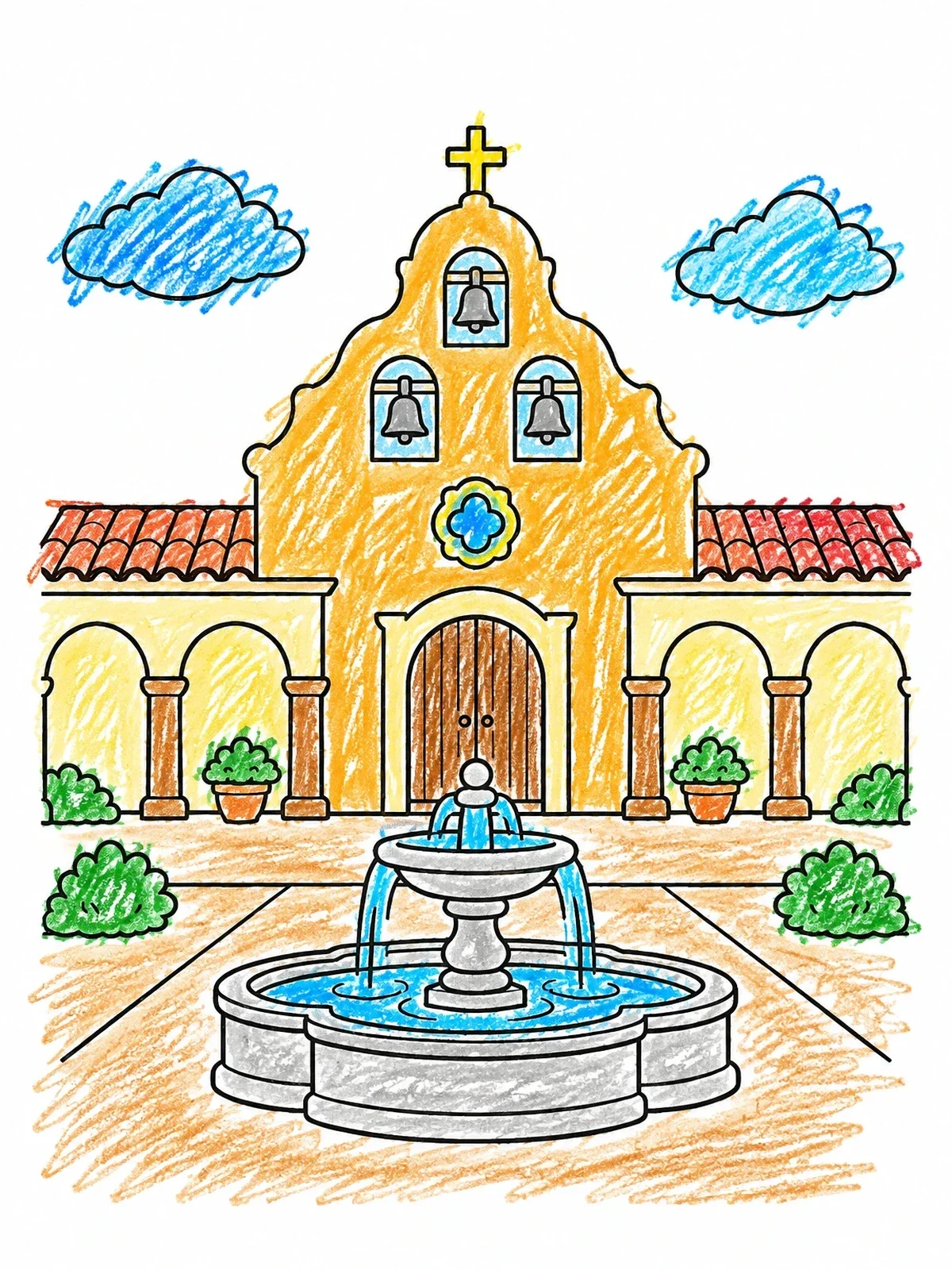 Colored example of the Historic Mission Church Courtyard coloring page