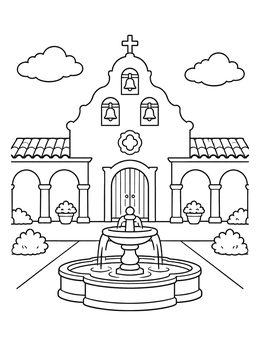 Free printable Historic Mission Church Courtyard coloring page