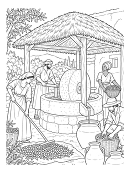 Workers pressing freshly harvested olives in this historic california mission coloring page.