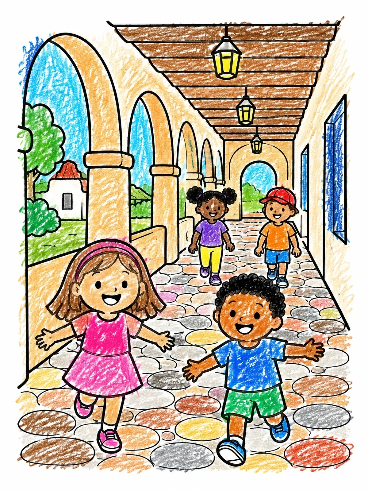 Colored example of the Kids Exploring A Mission Walkway coloring page