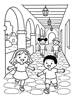 Free printable Kids Exploring A Mission Walkway coloring page