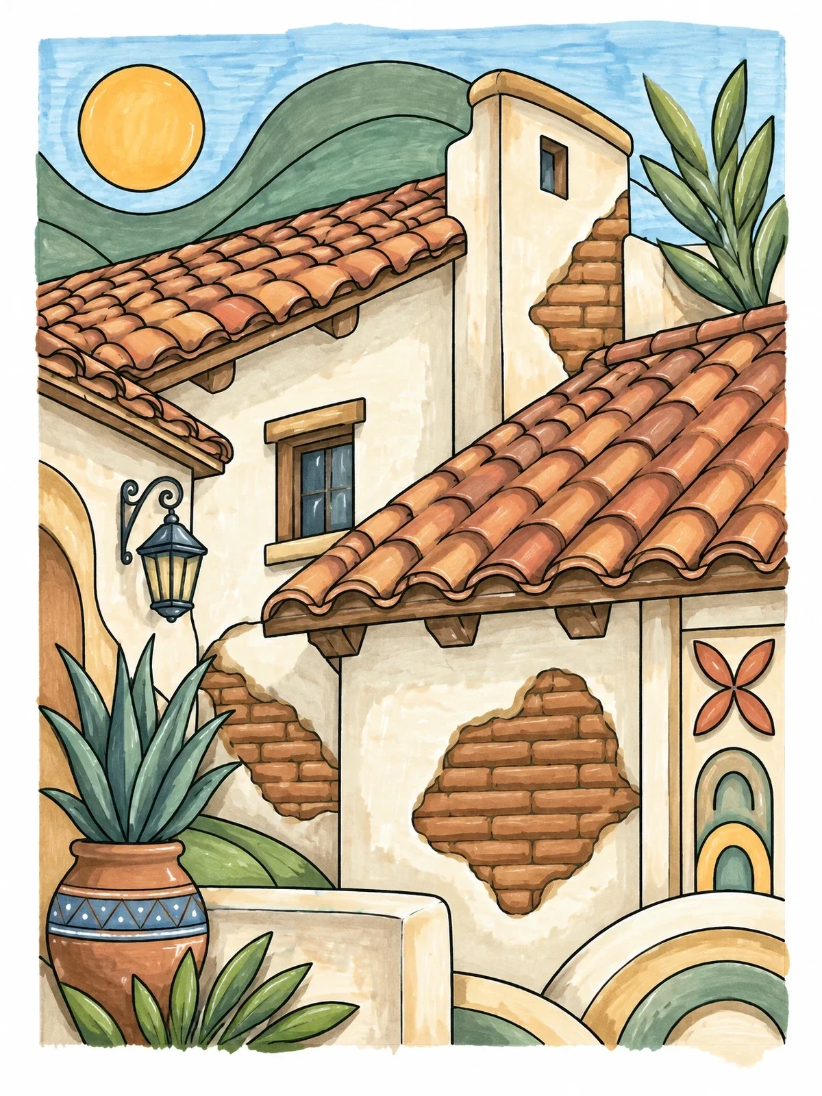 Colored example of the Mission Courtyard With Clay Tile Roofs coloring page