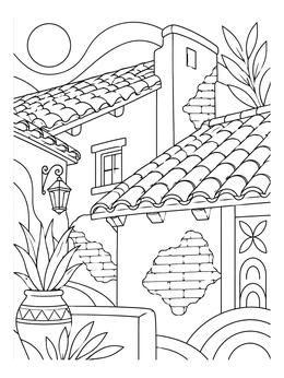 Adobe buildings with clay tile roofs in this California mission coloring page.