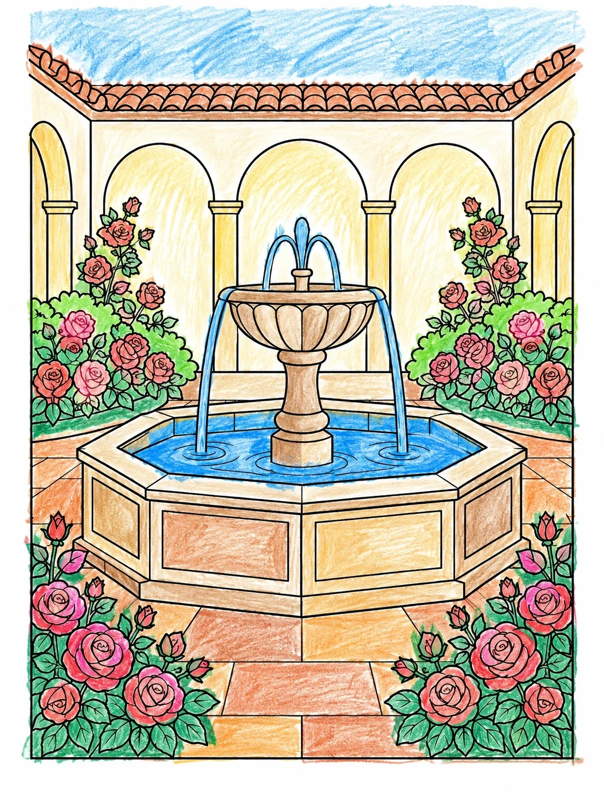 Colored example of the Mission Courtyard Fountain And Roses coloring page