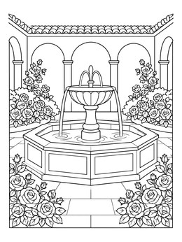 Free printable Mission Courtyard Fountain And Roses coloring page