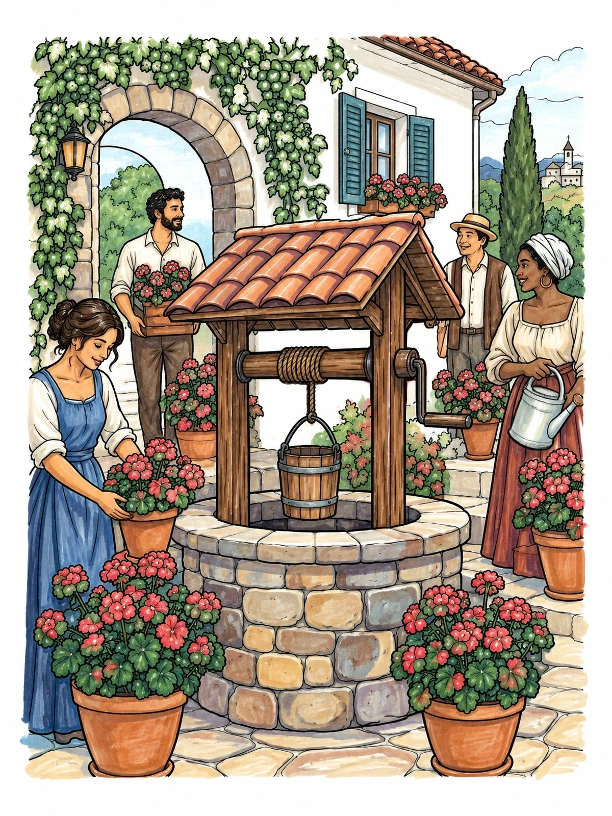 Colored example of the Mission Courtyard Well With Flowers coloring page