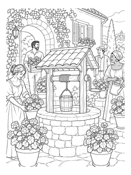 A stone well surrounded by potted geraniums and people in this california mission coloring page.