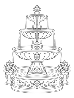 A detailed california mission coloring page featuring a tiered courtyard fountain with flower urns.